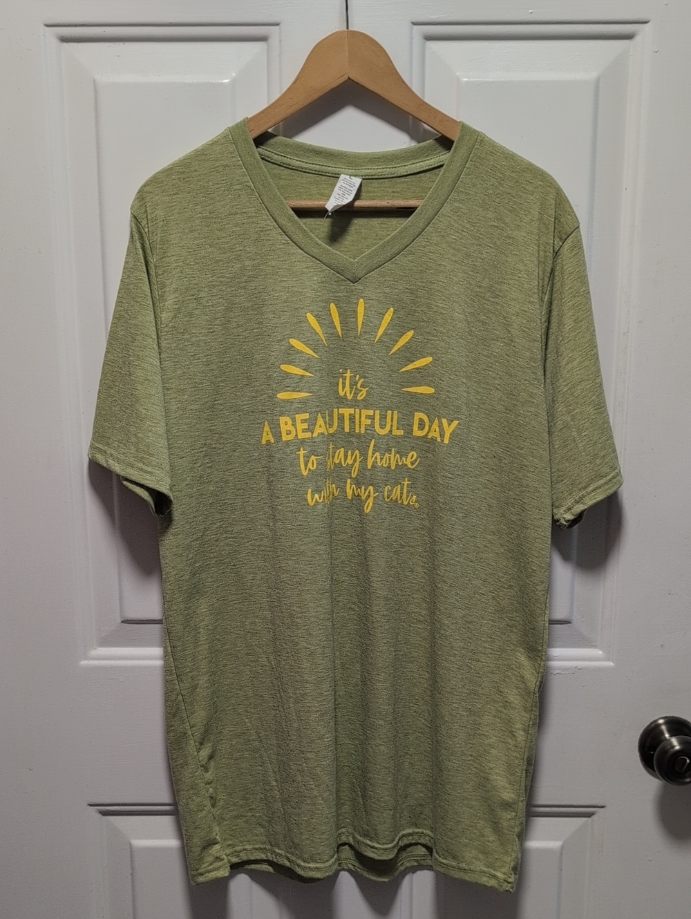 Olive Green V-Neck Tee with Yellow Graphic - Unbranded